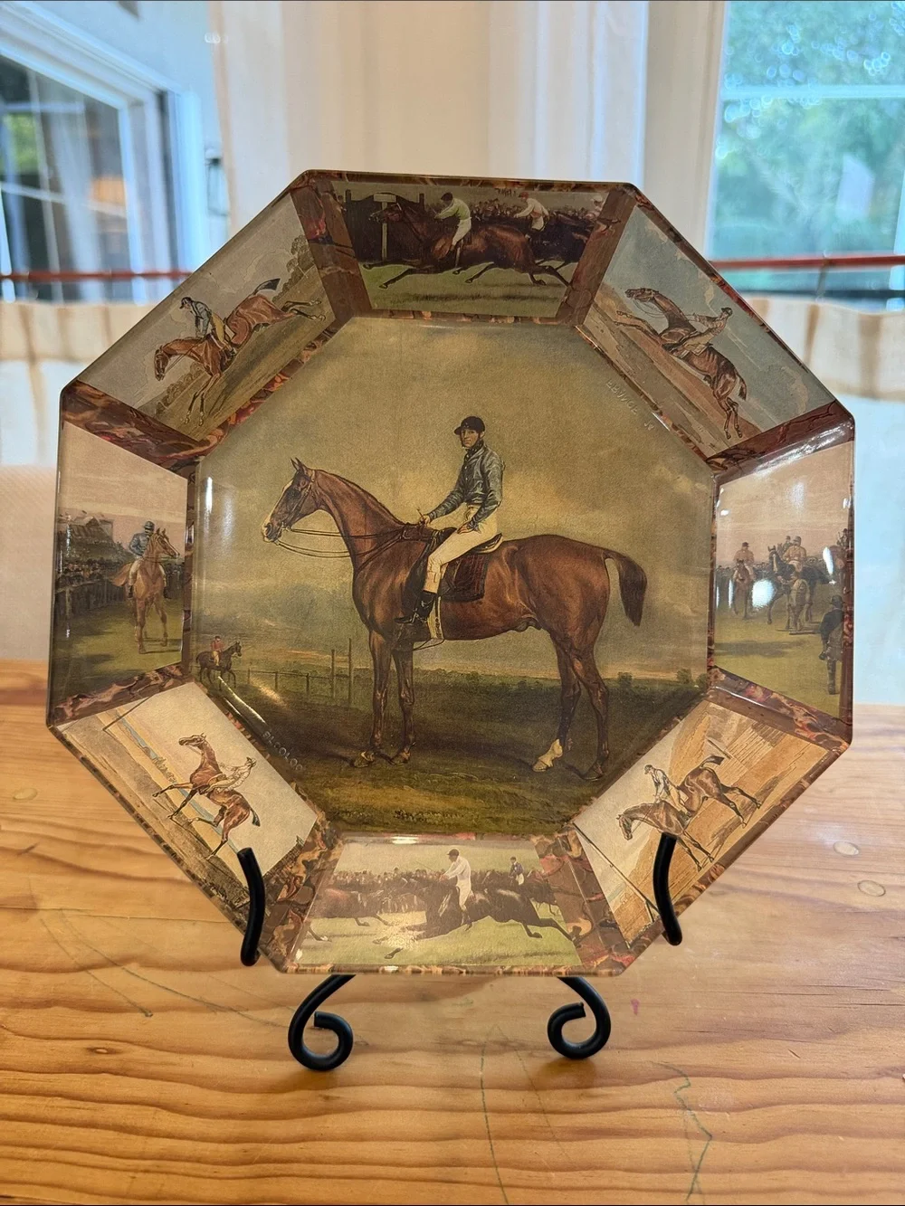 Equestrian octagon plate featuring a jockey on his horse, beautiful